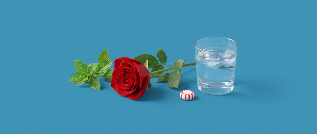 Red rose, fresh peppermint and a mint on a mid-blue background