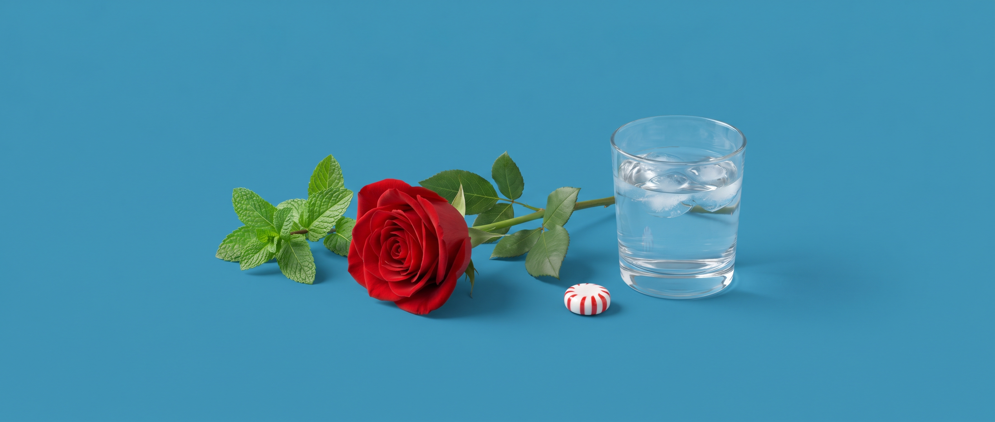 Red rose, fresh peppermint and a mint on a mid-blue background