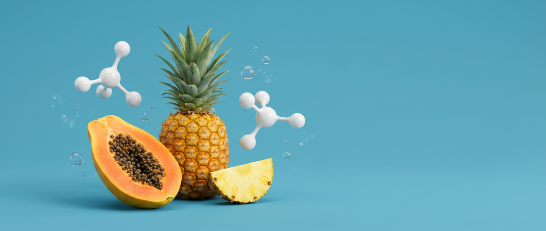 Papaya, pineapple and 3D molecule shapes on a mid-blue background