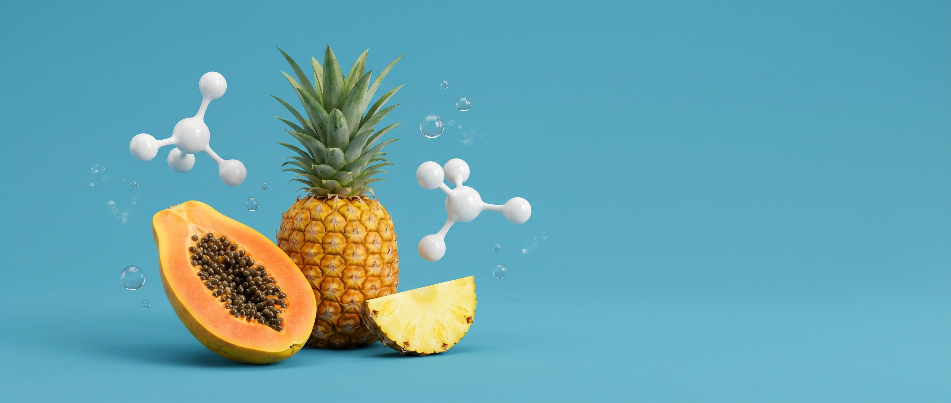 Papaya, pineapple and 3D molecule shapes on a mid-blue background