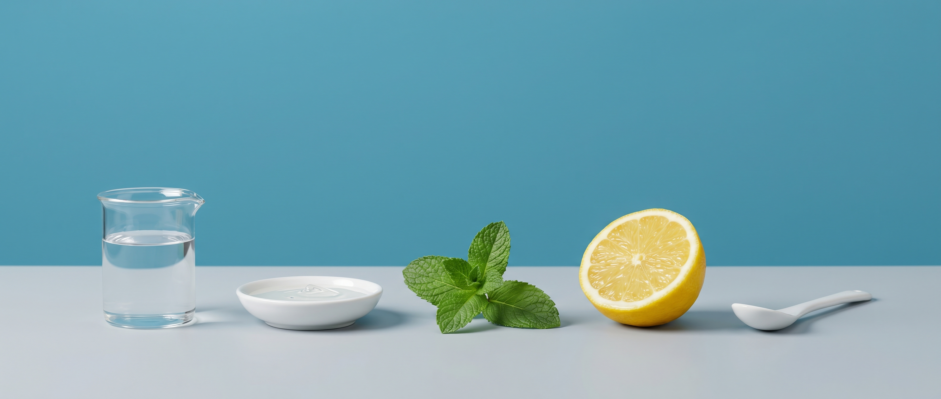 Mouthwash ingredients laid out in a scientific composition on a mid-blue background
