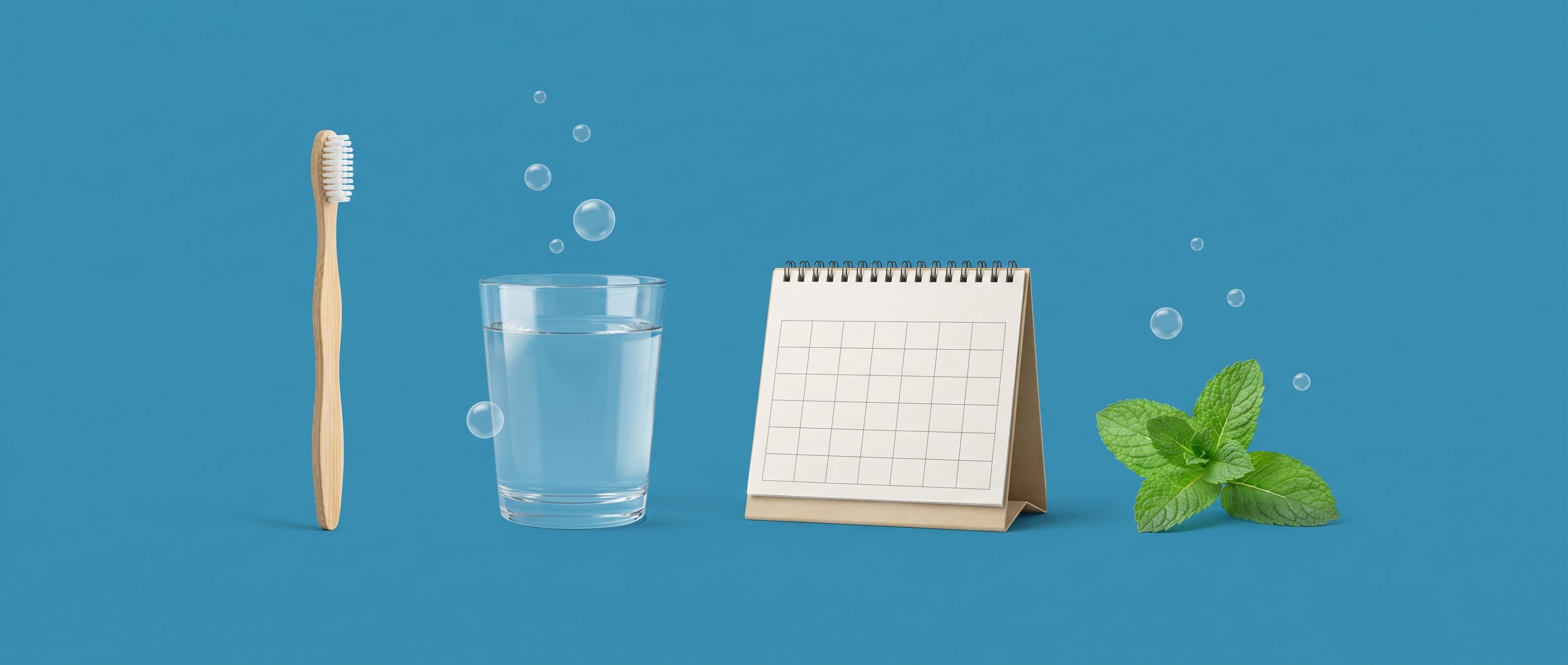 Bamboo toothbrush, glass of clear mouthwash, a small calendar and a sprig of peppermint on a mid-blue background