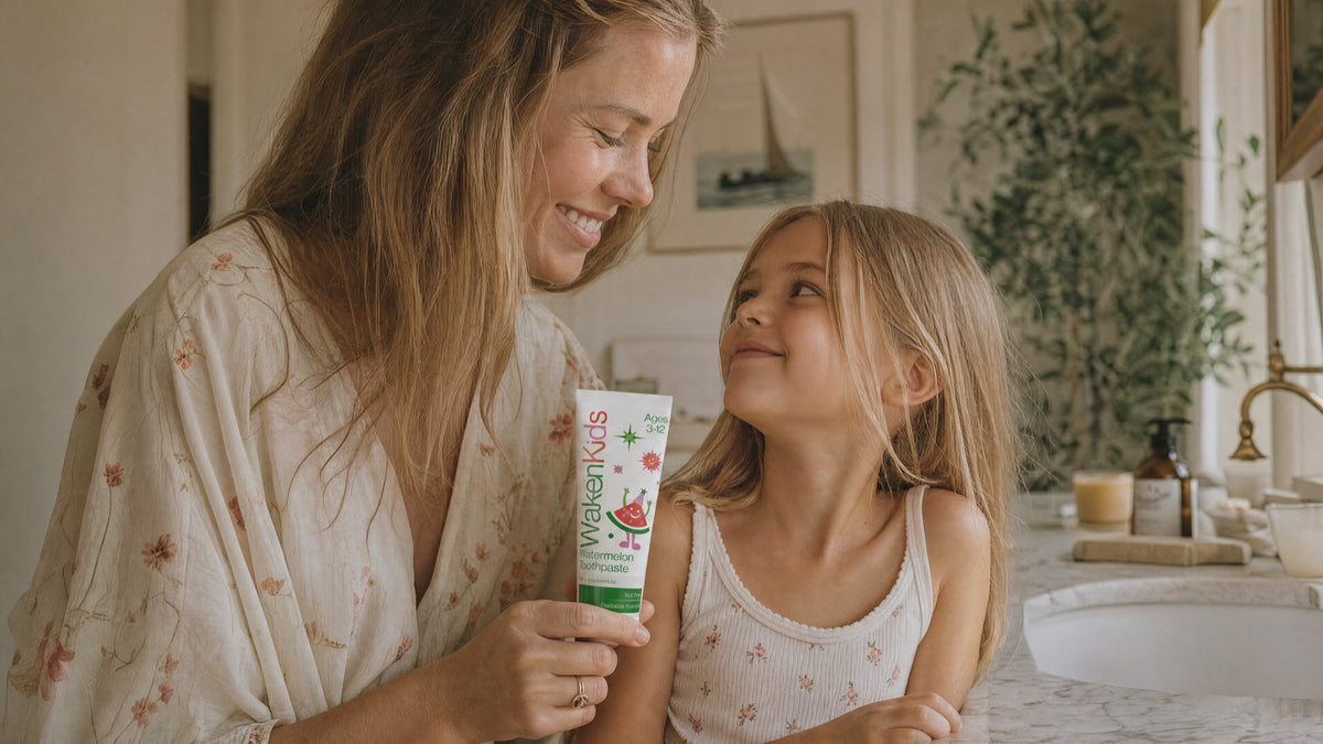 Mother and child with Waken Kids toothpaste