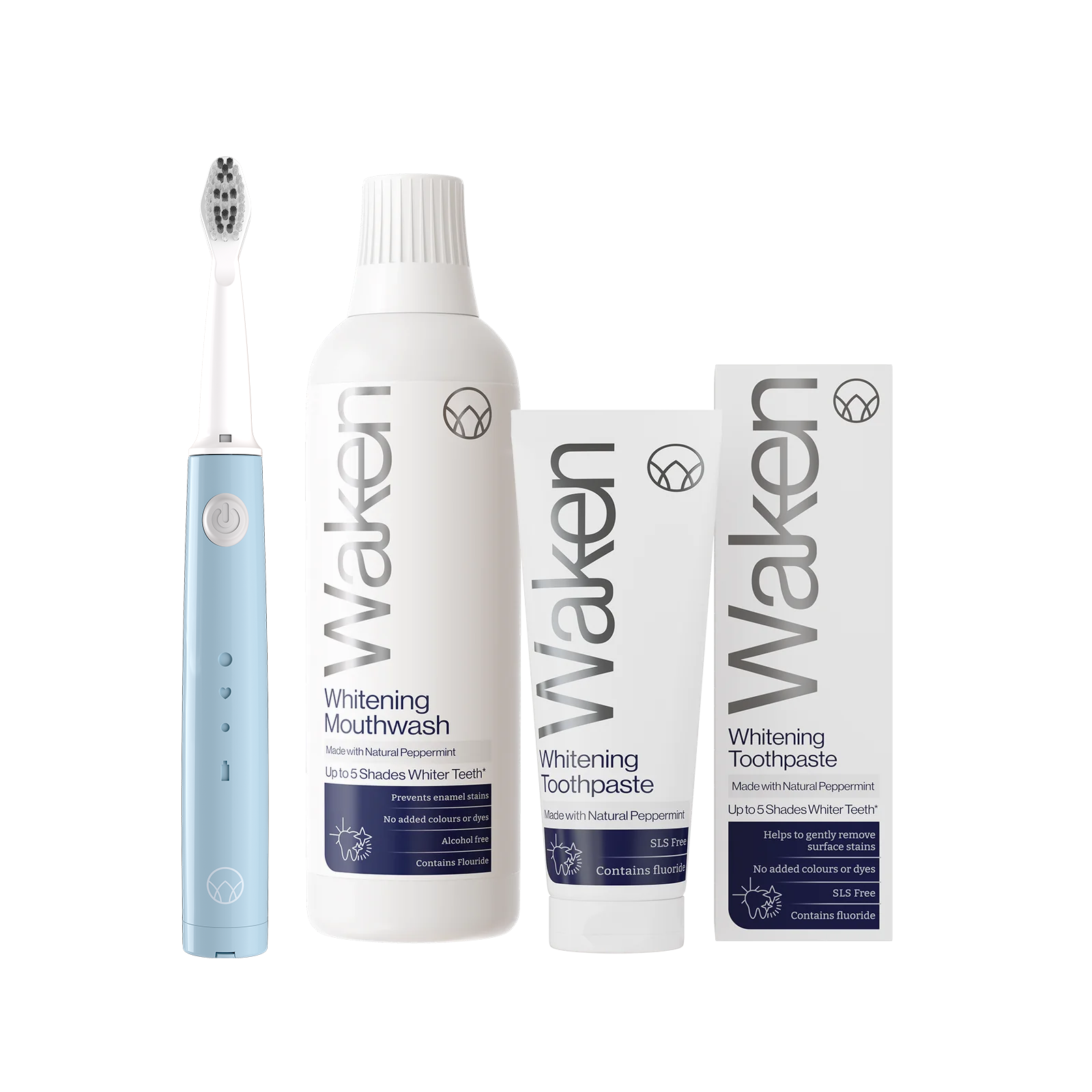 Waken Whitening Starter Kit Mint Blue, sonic toothbrush, toothpaste and mouthwash