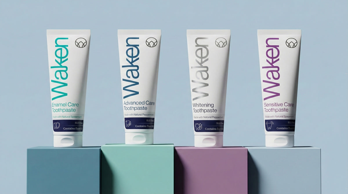 The four Waken toothpastes on coloured steps