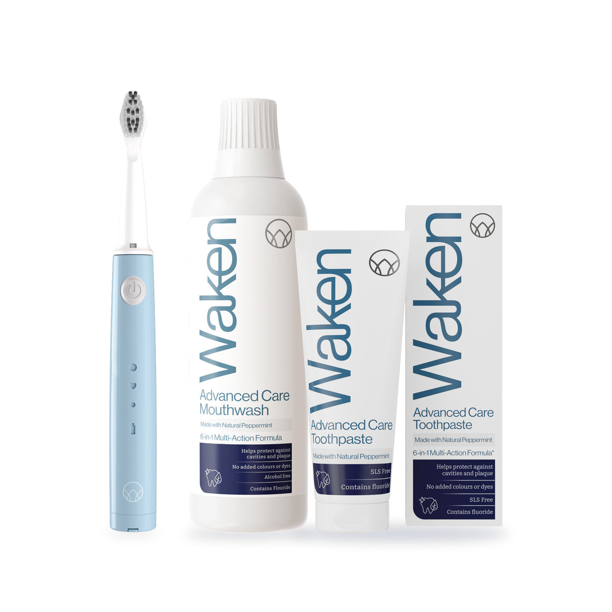 Waken Advanced Care Starter Kit contents: Sonic Toothbrush in mint blue, Advanced Care Mouthwash 500ml and Advanced Care Toothpaste 75ml