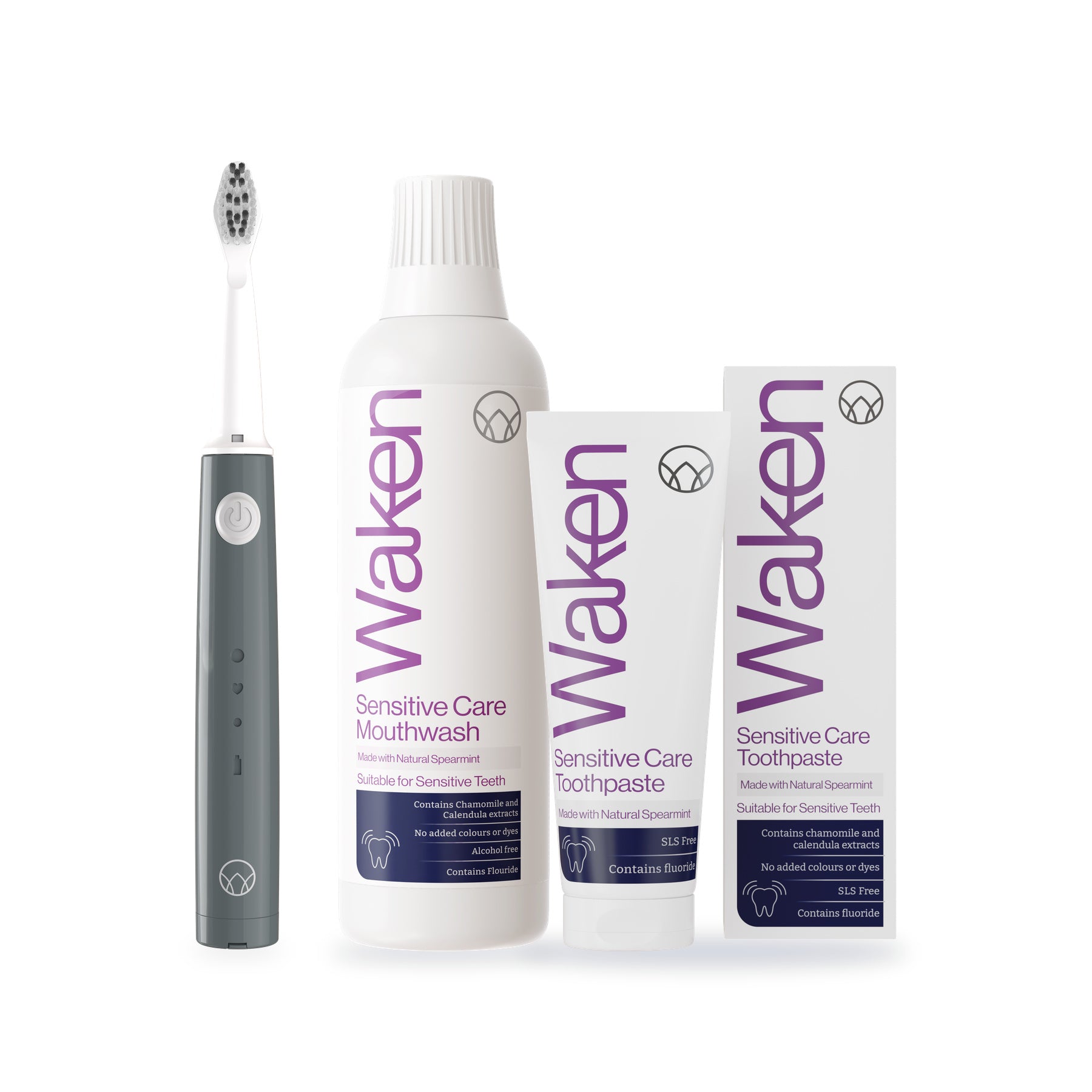 Waken Sensitive Care Starter Kit contents: Sonic Toothbrush in graphite grey, Sensitive Care Mouthwash 500ml and Sensitive Care Toothpaste 75ml