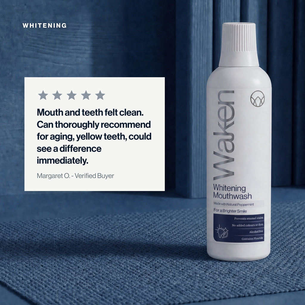 Five star customer review of Waken Whitening Mouthwash: mouth and teeth felt clean, could see a difference immediately