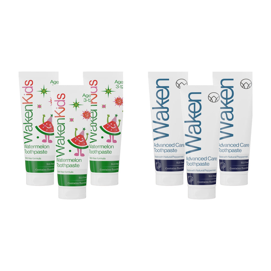Three Waken Kids and three Advanced Care toothpastes