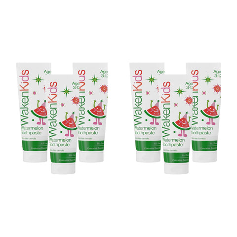 Six tubes of Waken Kids watermelon toothpaste
