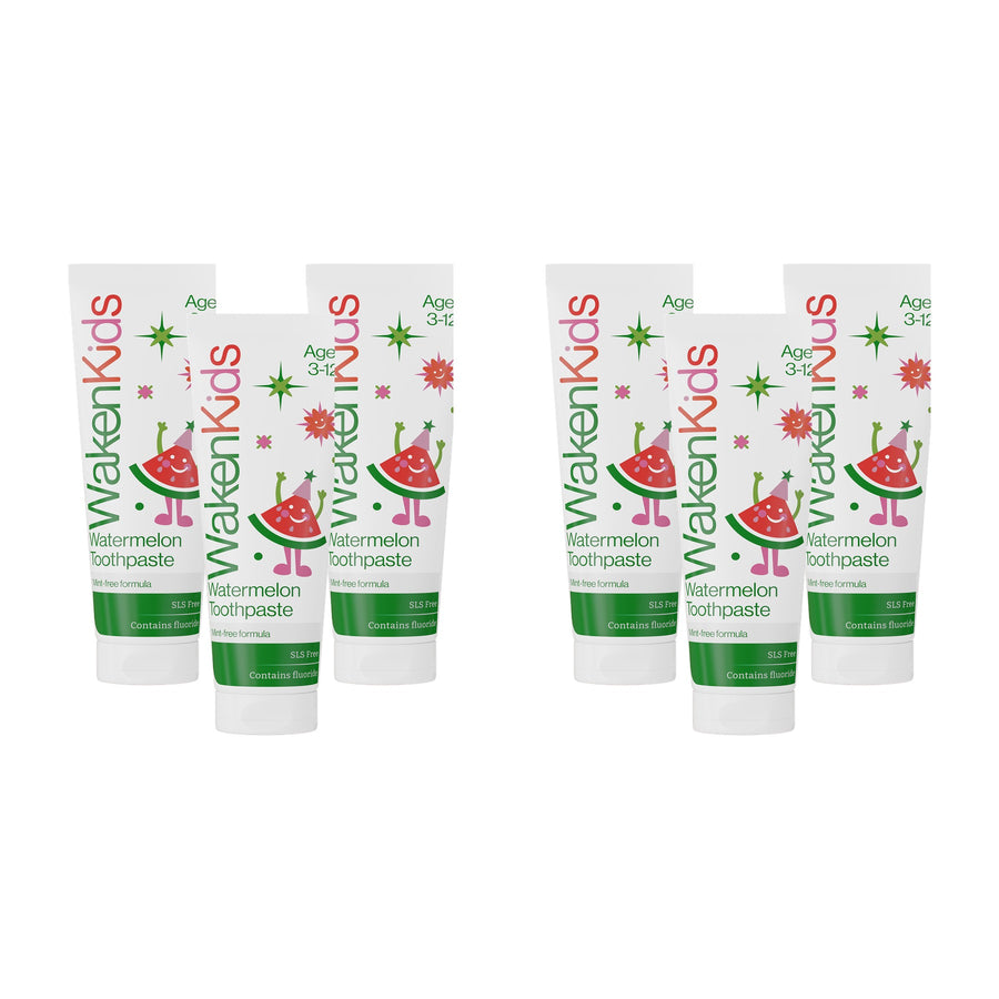 Six tubes of Waken Kids watermelon toothpaste