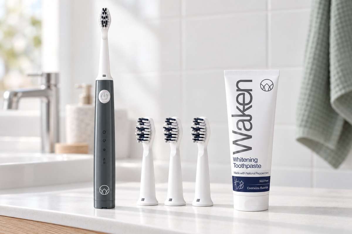 Waken Sonic Starter in Graphite Grey, with three replacement heads and Whitening Toothpaste.