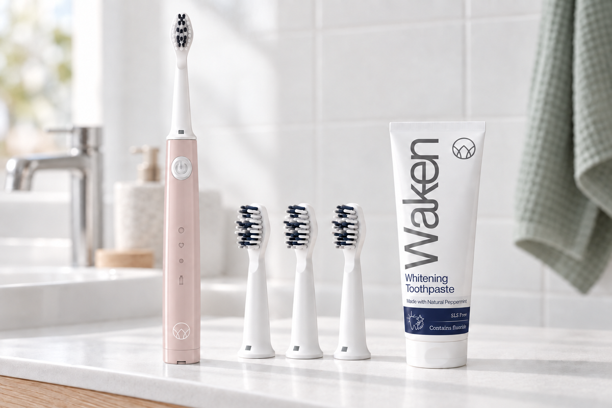 Waken Sonic Starter in Dusty Rose, with three replacement heads and Whitening Toothpaste.