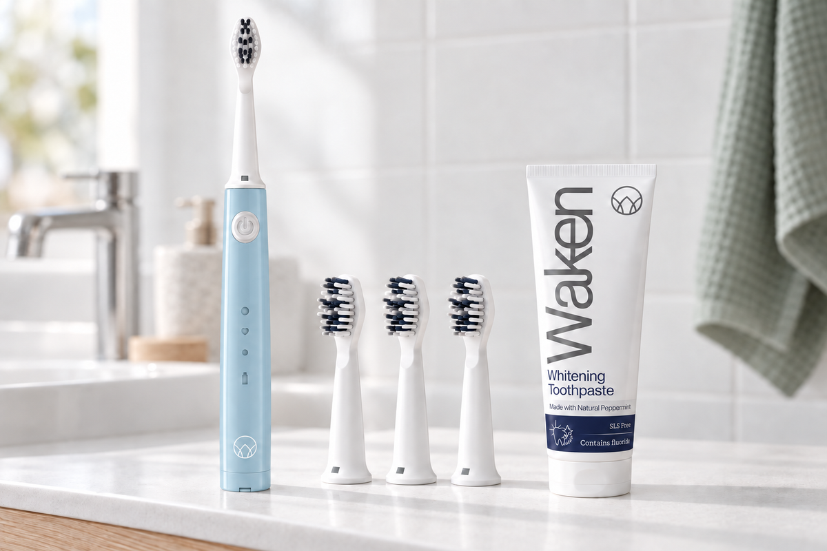 Waken Sonic Starter in Mint Blue, with three replacement heads and Whitening Toothpaste.