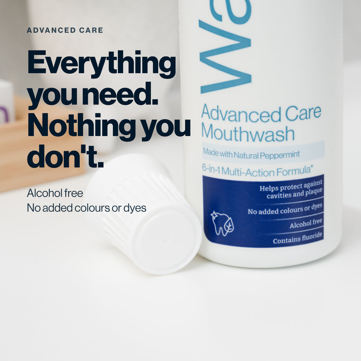 Waken Advanced Care Mouthwash is alcohol free with no added colours or dyes