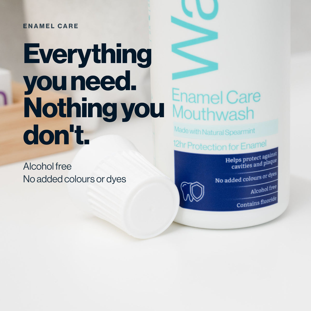 Waken Enamel Care Mouthwash is alcohol free with no added colours or dyes