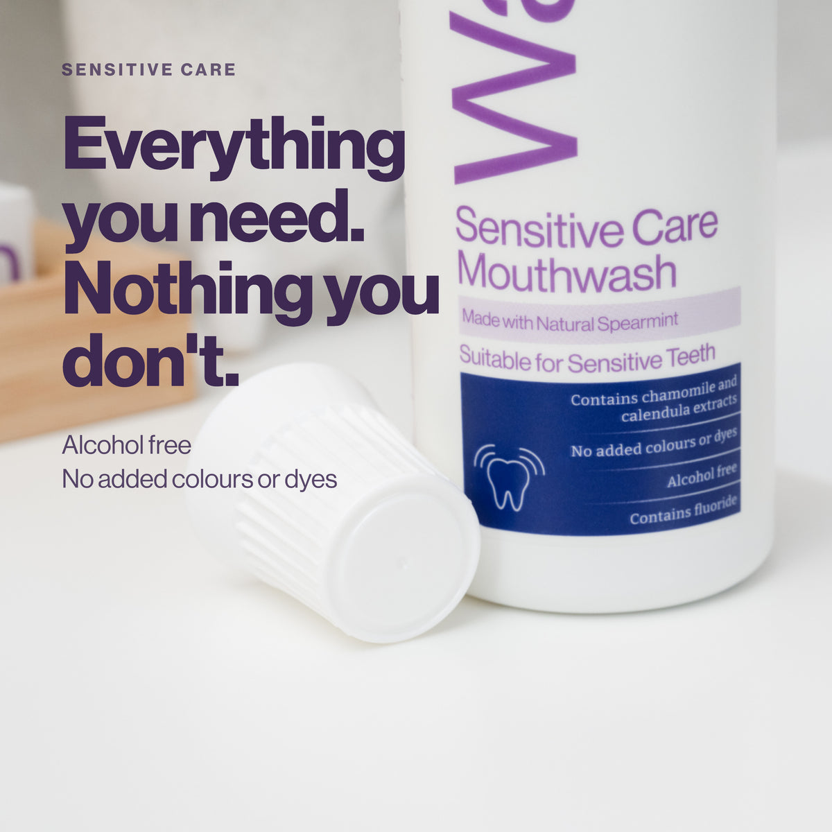 Waken Sensitive Care Mouthwash is alcohol free with no added colours or dyes