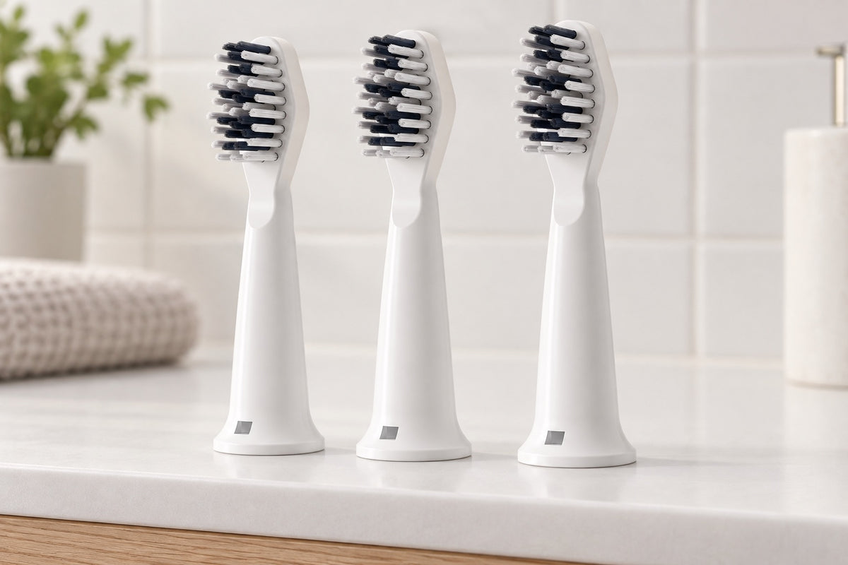 Three Waken Sonic replacement heads standing on a bathroom shelf