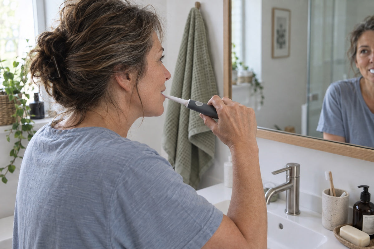 Brushing with the Waken Sonic Toothbrush at a bathroom mirror